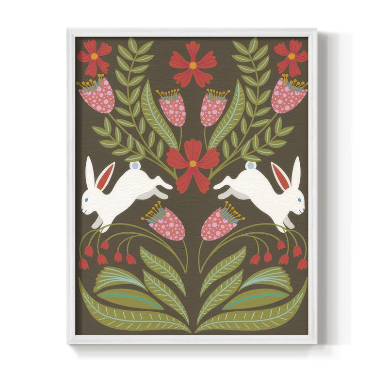 «Folk Flower And Rabbit I», H 30 po x l 24 po, Blanc