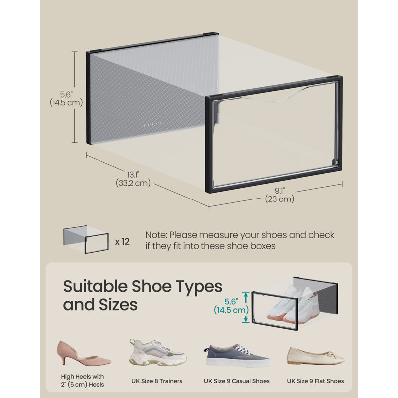 Clear Shoe Boxes, Set Of 12 Shoe Storage Organsiers, Transparent, Easy Assembly, 33.2 X 23 X 14.5 Cm, For Shoes Up To UK Size 9, Transparent And Cloud White