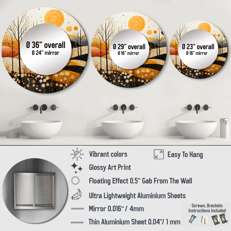 Meadow Bold Geometric Fields II - miroir Meadow, miroir mural rond rond orange, impression d'art en métal, 29 po x 29 po
