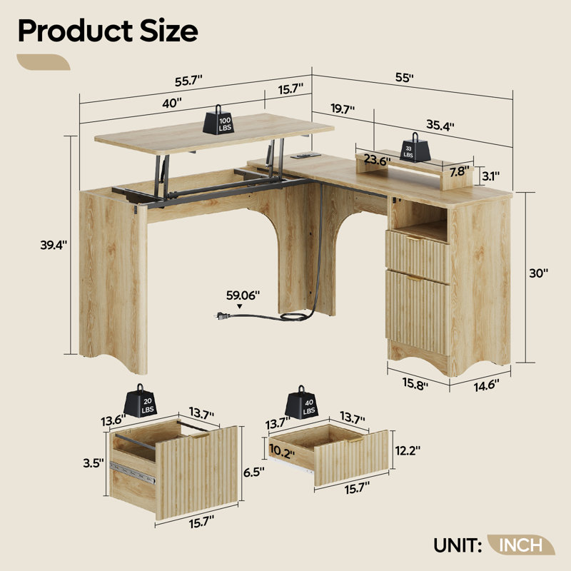 Daymen 55" L-Shaped Lift Top Desk with Power Outlet