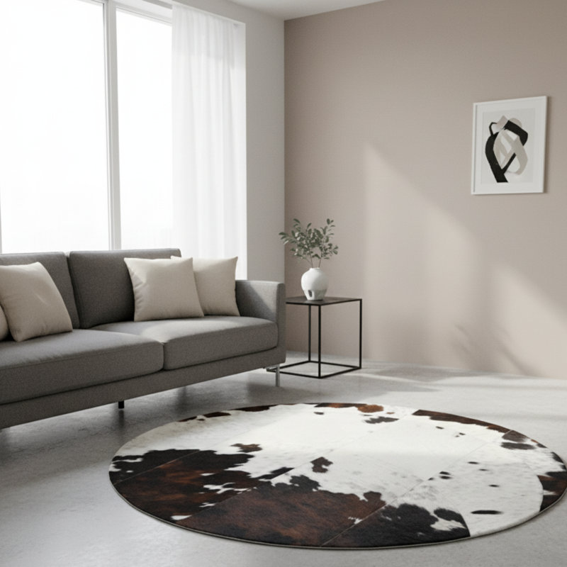 Tapis rond en cuir de vache à motif de lune