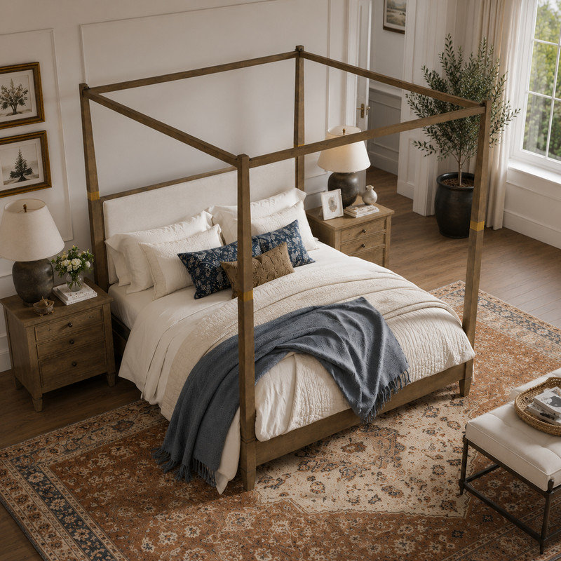 Wood Canopy Bed with Upholstered Headboard