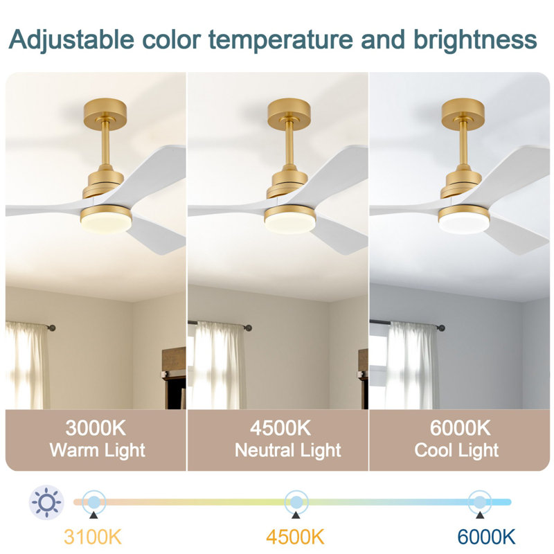 52 Inch Indoor Ceiling Fan With Dimmable LED Light 3 Solid Wood Blades Remote Control Reversible DC Motor, Gold, White