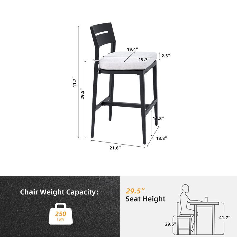 Set of 2 Modern Outdoor Bar Stools  Aluminum Frame /Ergonomic Backrest & Sunbrella Cushions