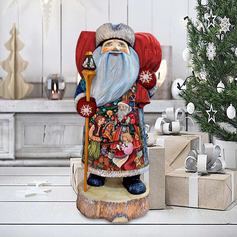 Masterpiece Wood Carved Here Comes Santa Claus Figurine