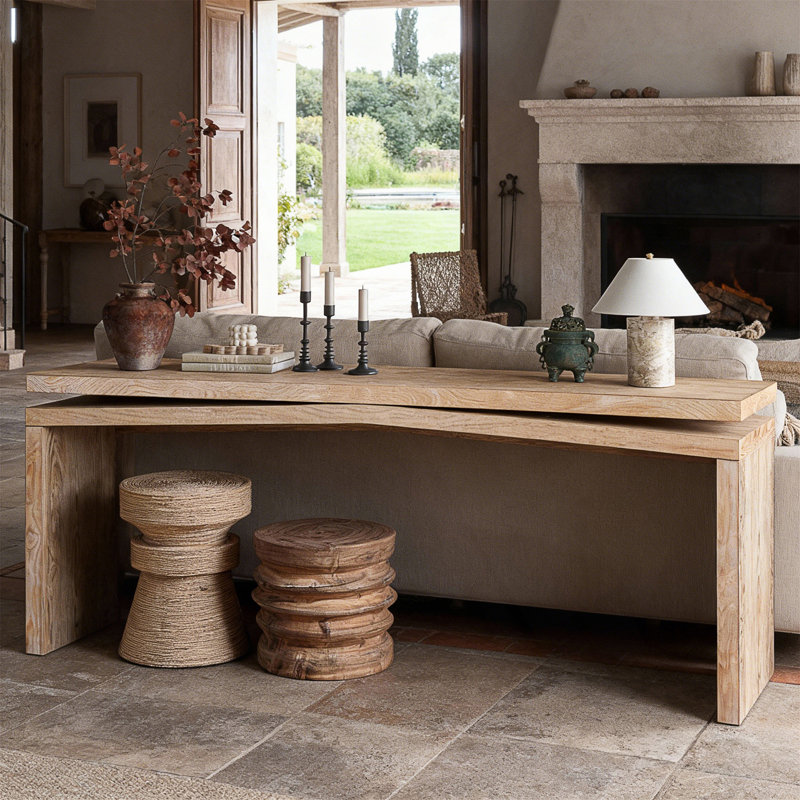 Console de 65 pouces en placage de bois massif rustique avec plateau spacieux et base de traîneau robuste pour le vestibule ou le salon