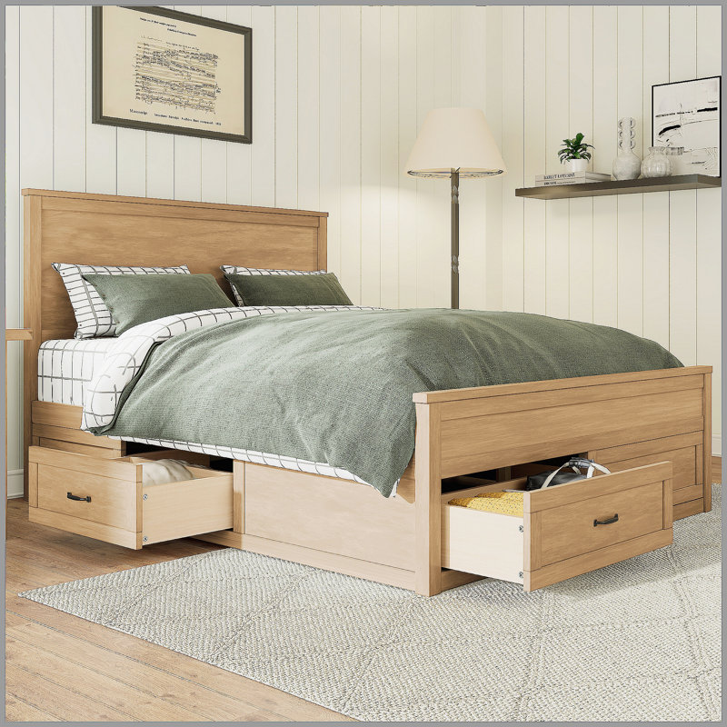 Structure de lit moderne avec 6 tiroirs, lit plateforme avec support à lattes en bois, pas de sommier tapissier requis