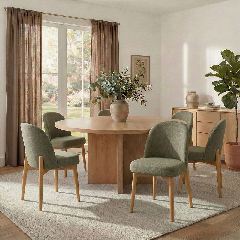 Modern 7-Piece 60-Inch Round Oak Veneer Dining Set With 6 Linen Chairs, Green