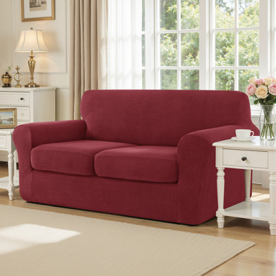 3 Piece Stretch Jacquard Couch Cover, Sofa Slipcover for 2 Cushion Couch, Machine Washable Furniture Protector(Loveseat, Wine)