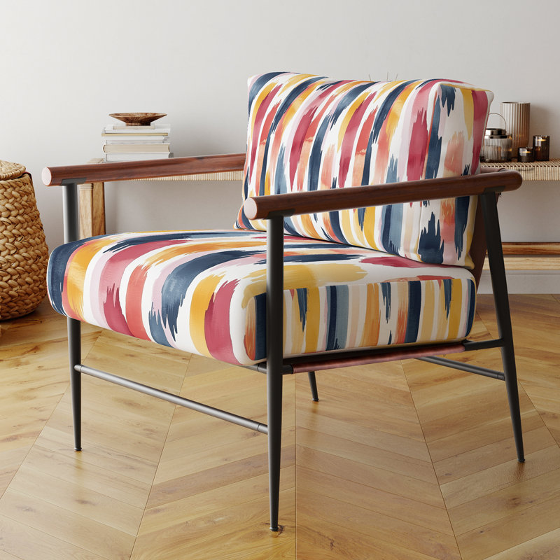 Chaise d'appoint Coastal - Fauteuil noir et rouge Ikat Drift, Bras ronds bruns