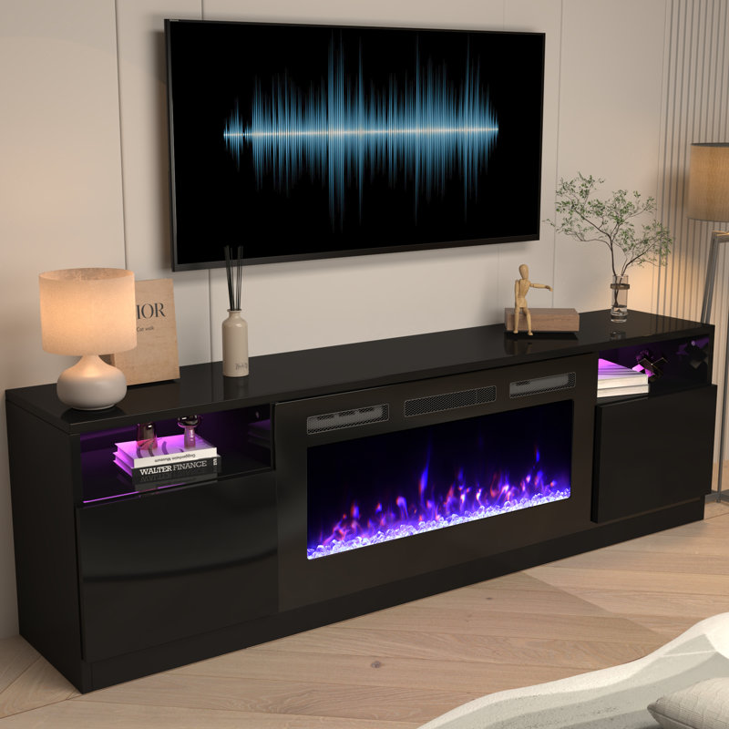 70'' TV Stand For TV Up To 80" With Electric Fireplace Included, Black, Black