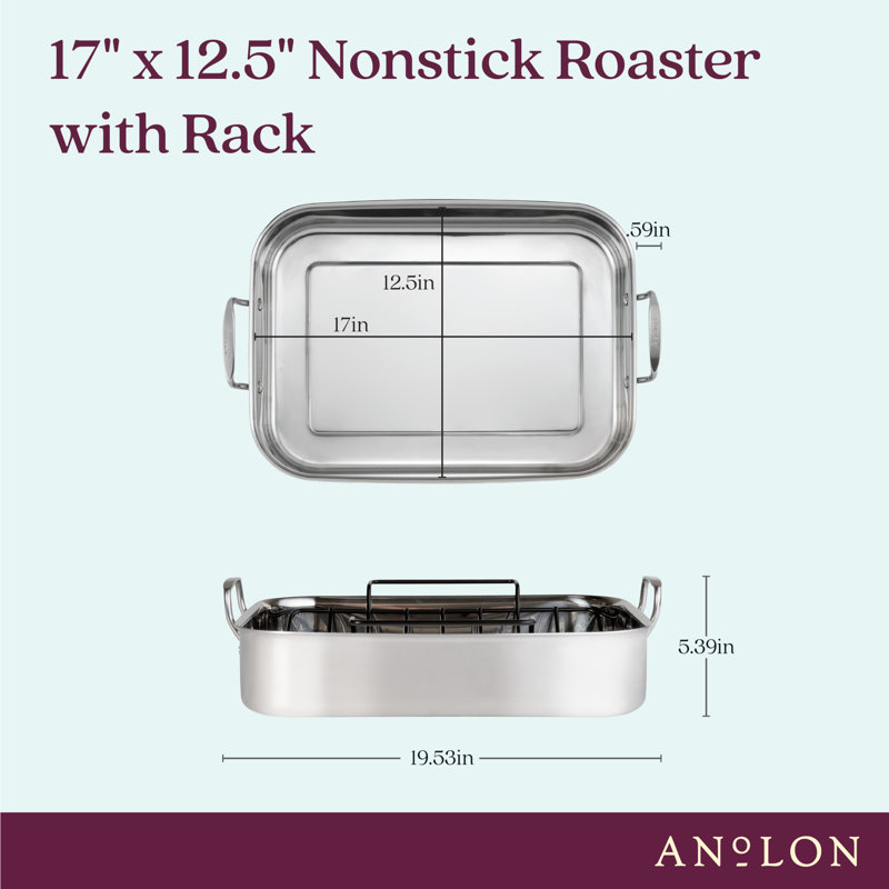 Anolon Tri-Ply Clad Stainless Steel Roaster / Roasting Pan with Nonstick Rack, 17-Inch x 12.5-Inch