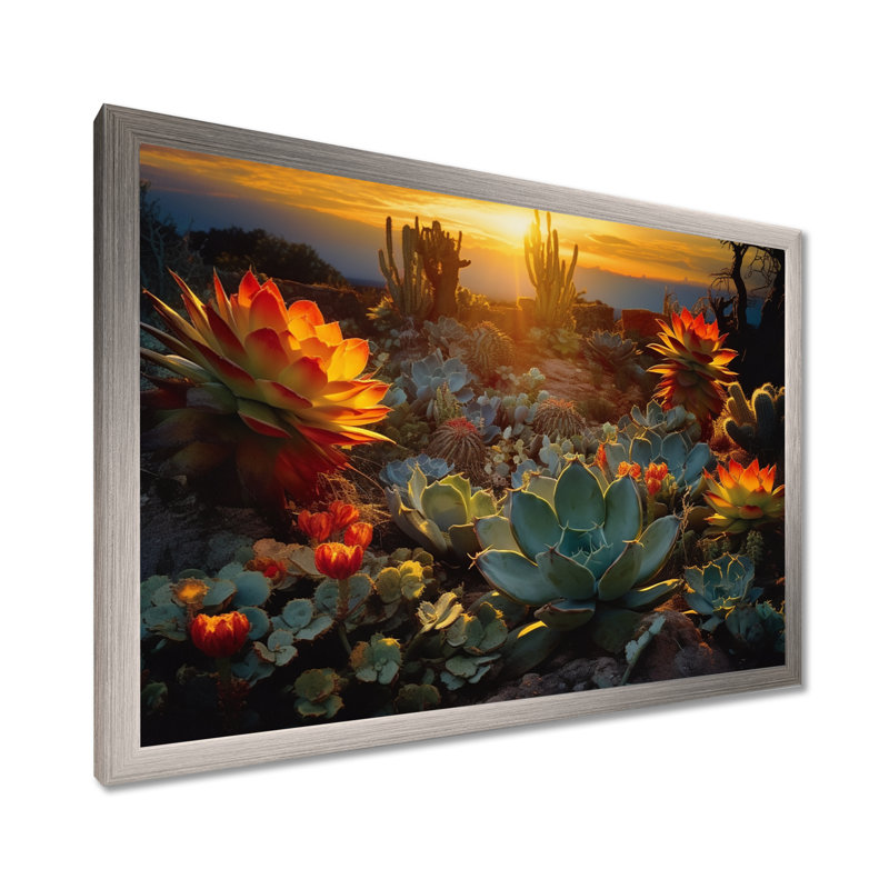 Succulent Desert Cactus Field Burning Sunset - Succulent Wall Art, H 34 po x l 44 po, Reproduction avec cadre flottant