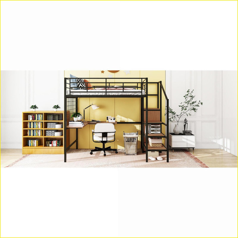 Lit mezzanine double en métal avec bureau, échelle de rangement et amp; Garde-robe - noir