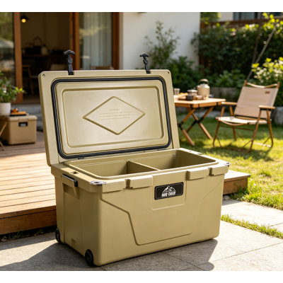 Hard ice cooler 85 quart khaki rotomolded bear resistant ice chest keeps ice up to 10 days heavy duty insulated portable cooler with wheels for camping fishing tailgating job site boating