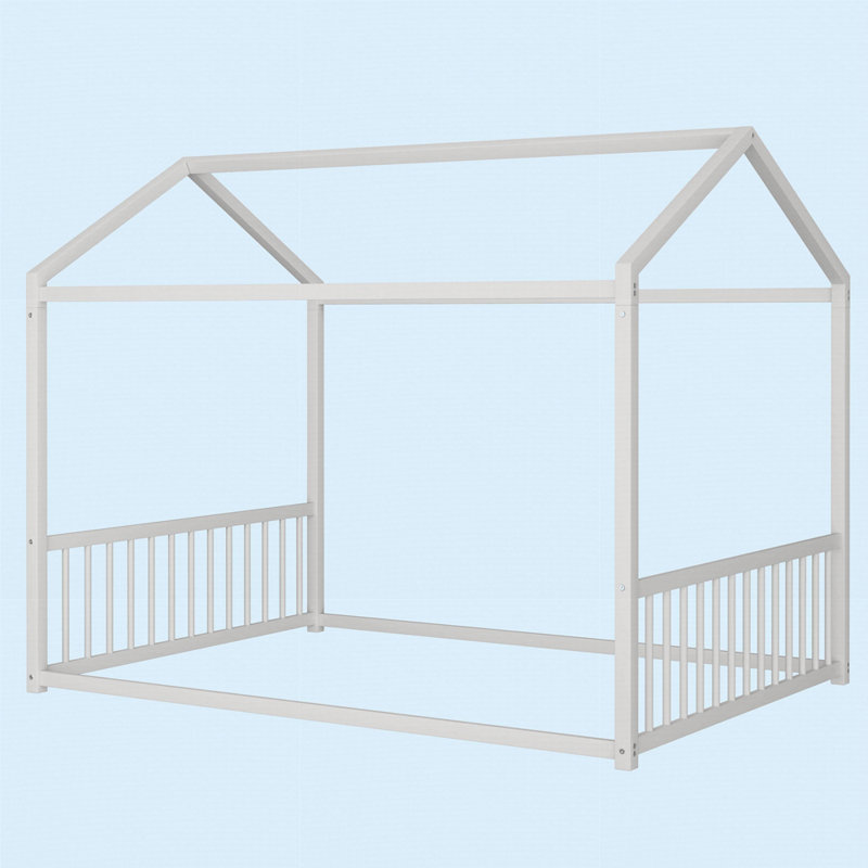 Structure de lit pleine grandeur en métal de style Montessori, lit en forme de maison avec barrières de sécurité verticales pour enfants et tout-petits