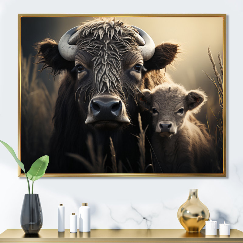Brown Buffalo Gentle Guardians - Animals Canvas Art Print, Cadre flottant doré, H 24 po x l 32 po x P 1 po