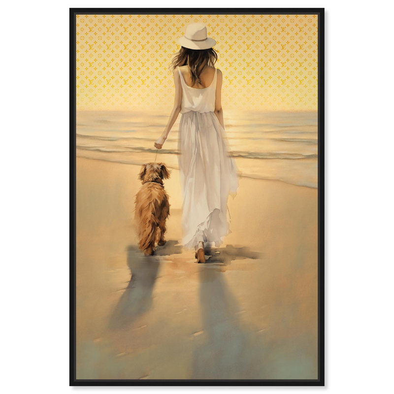 «Walking Dog Sunset Time Canvas Inspiring Women Protraits» par Art Remedy, H 37 po x l 25 po, Cadre noir