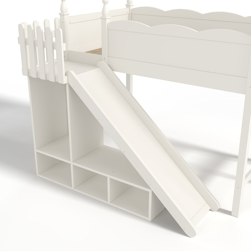 Queen Loft Bed with Storage Shelves and Wardrobe, Solid Wood Loft Beds with Detachable Slide and Ladders, No Spring Box Needed,Beige