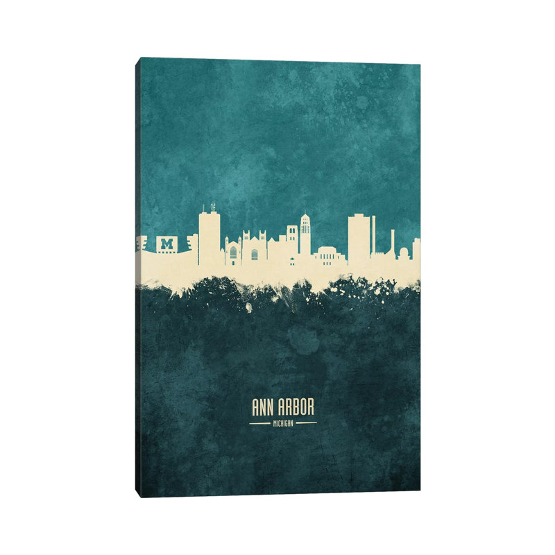 Ann Arbor Michigan Skyline Teal by Michael Tompsett - 1 Piece Wrapped Canvas Wall Art, 152.5 cm H x 101.5 cm W