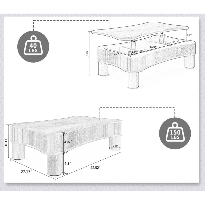 Table basse à plateau relevable pour le salon avec panneau cannelé, rangement caché, levage hydraulique silencieux et coins de sécurité courbés - Assemblage facile en 5 minutes