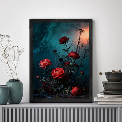 Black Framed Gothic Floral Still Life Wall Art, Vintage Dark Whimsical Frame Print