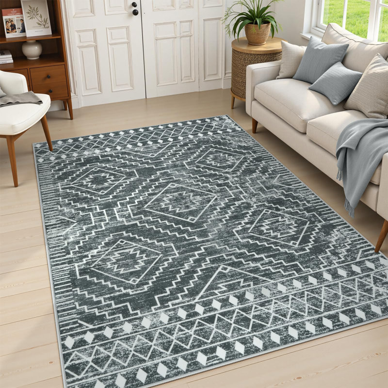 Tribal Geometric Washable Area Rug for Living Room & Bedroom, Non-Slip Moroccan Rug, Rectangle 6' x 9'