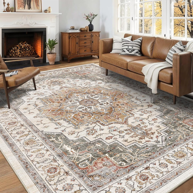 Washable Vintage Area Rug, Ultra-Soft Non-Slip Distressed Low Pile Carpet, Orange/Gray, Rectangle 6'x9'