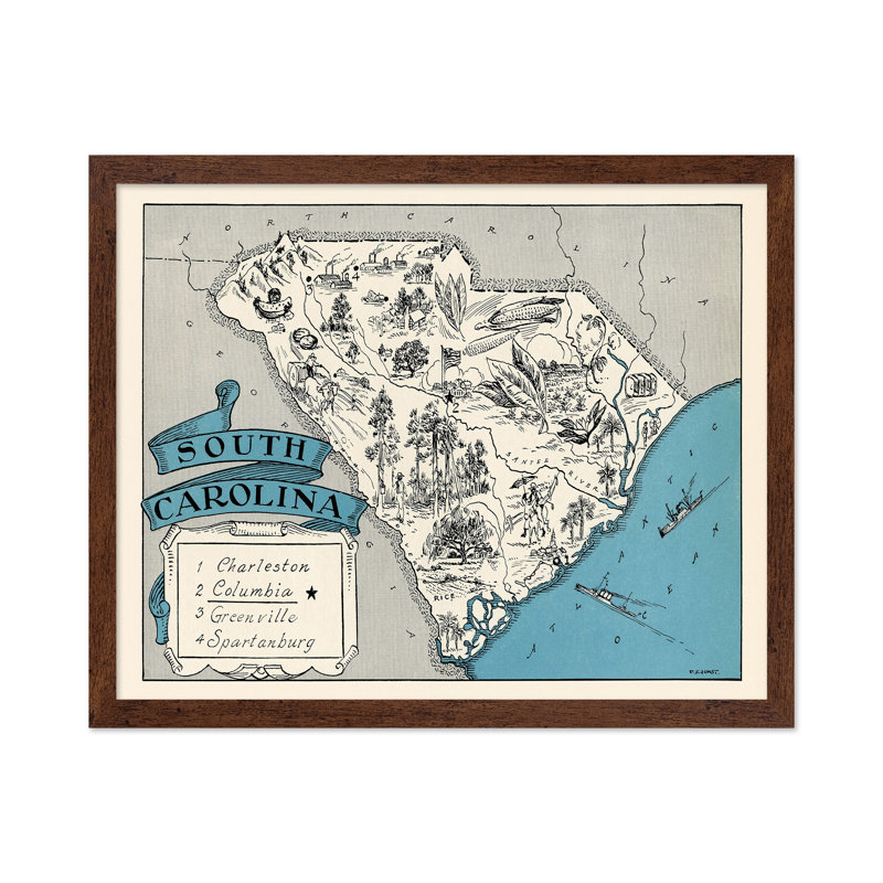 Carte illustrée de South Carolina, 16"H x 20"W, Affiche, Encadrement brun