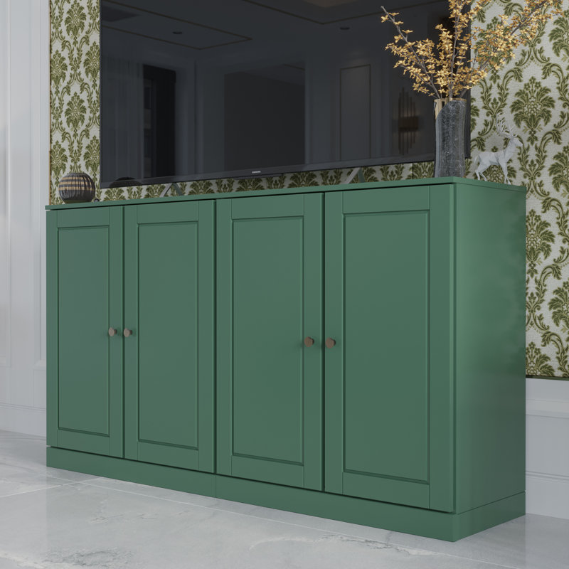 Meuble télé 100% bois massif, console de 64 po de largeur avec portes à panneau surélevé et rangement, Vert
