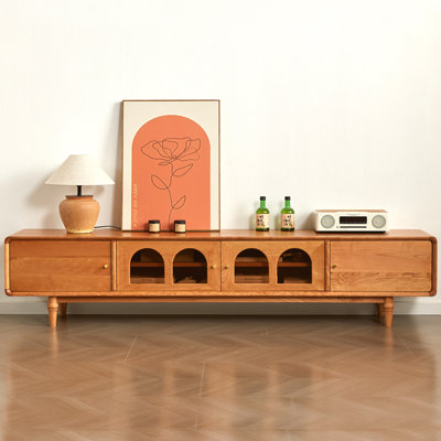 Retro Solid Cherry Wood Media Console with Storage for Living Room