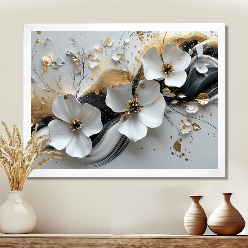 Amezquita - Floral Large Wall Art, Single Picture Framed, 24" H x 32" W, White
