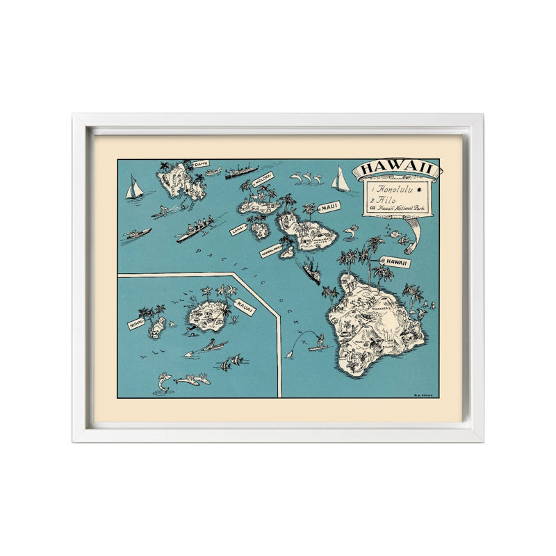 Carte illustrée d'Hawaï, Canevas, Encadrement blanc, H 08 po x l 10 po