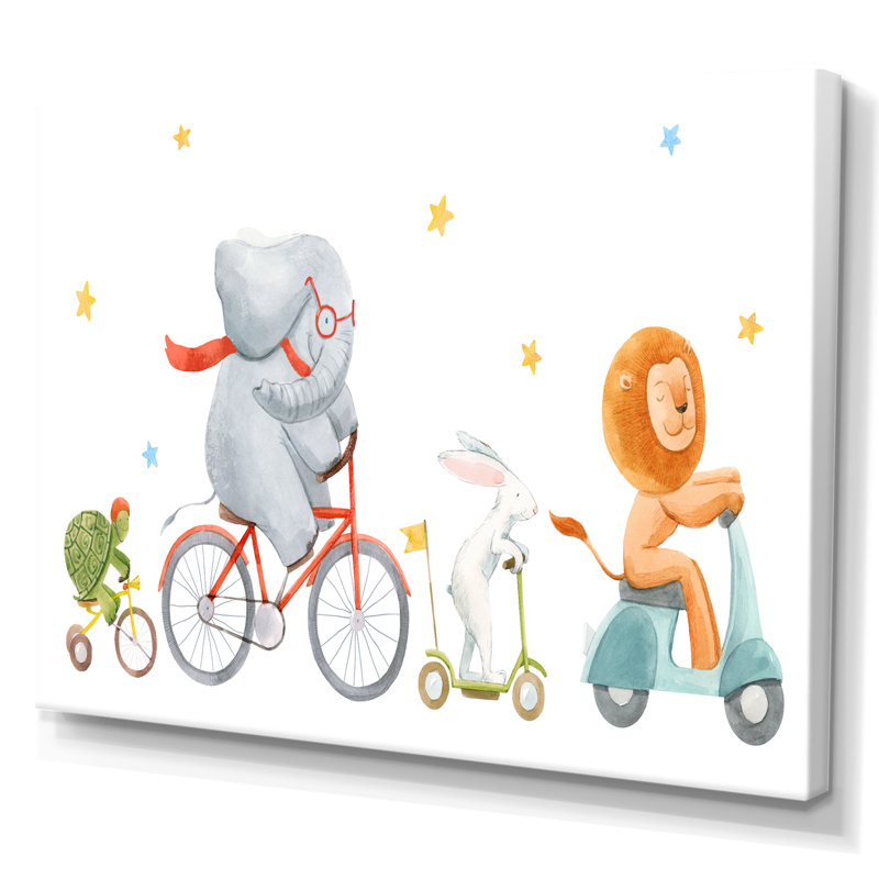 Mignons animaux à bicyclette - Art mural sur toile traditionnel, H 8 po x l 12 po x P 1 po, Toile tendue