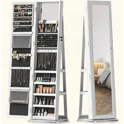 Miroir verrouillable verrouillable pour armoire à bijoux, miroir pleine grandeur pivotant à 360 °, avec tablettes de rangement