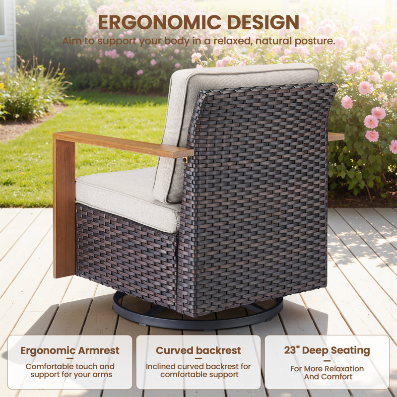 Korbin Outdoor Swivel Patio Chair with Cushions (Set of 2), Beige, Brown
