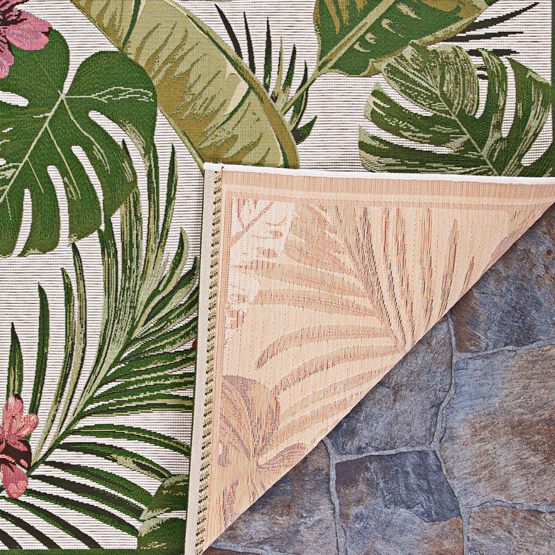Tapis d'intérieur / extérieur ivoire / vert forêt à motif floral Mayshar, Rectangle 2 pi 3 po x 3 pi 11 po