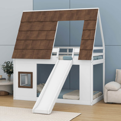 Wood Twin Size Bunk Bed With Ladder And Slide, House Shape Bunk Bed With Safety Guard And Roof Design