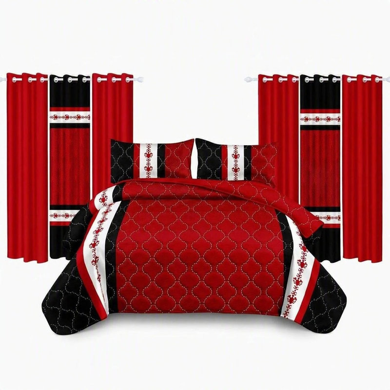 Grand lit complet moderne géométrique rouge et noir 9 pièces dans un sac: couvre-lit matelassé hydrofuge, 2 taies décoratives et 6 panneaux de rideaux à œillets filtrant la lumière - Ensemble de couvre-lit transitionnel