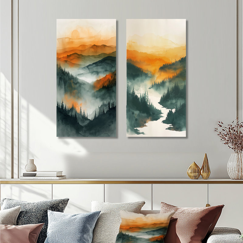 Ensemble de 2 pièces d'art mural orange et vert forêt sauvage au coucher du soleil III, Toile tendue, H 28 po x l 24 po