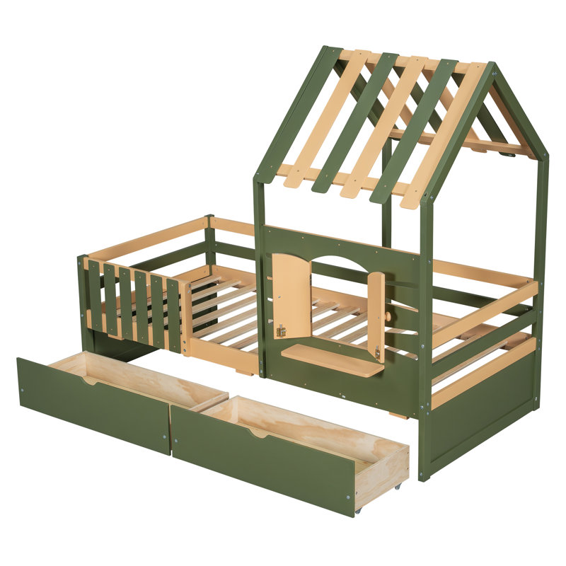 Whimsical House Bed With Storage - Wooden Single Children's Bed With Opening Window (Green)