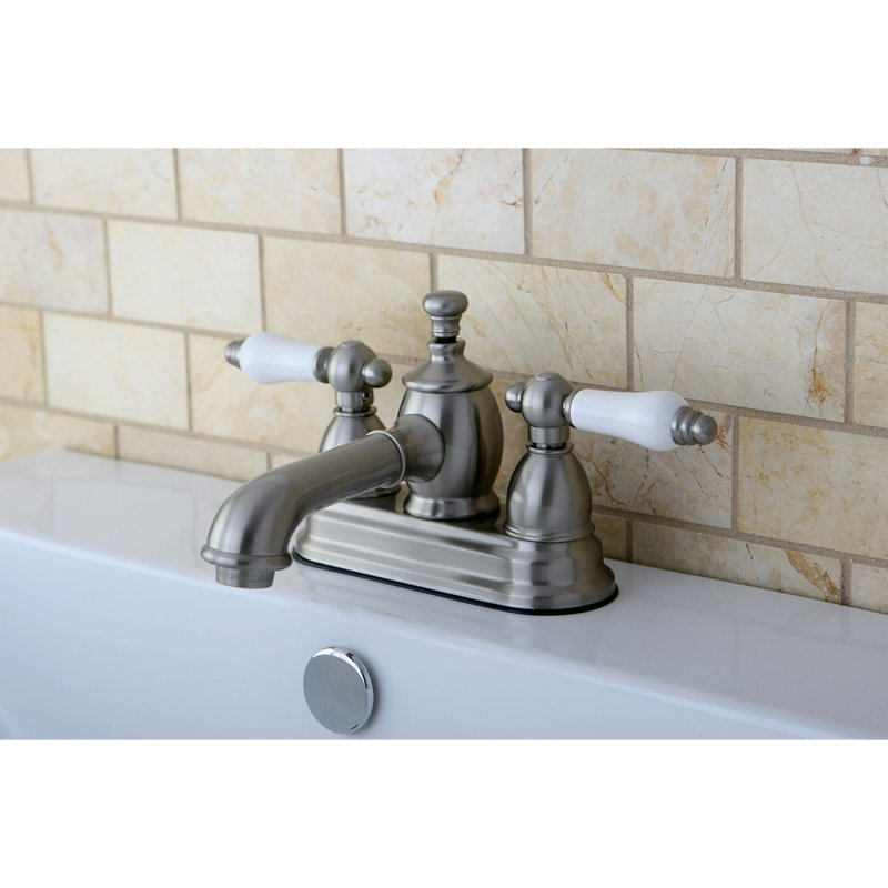 Kingston Brass English Country Two-Handle 3-Hole Deck Mount 4" Centerset Bathroom Faucet with Brass Pop-Up, Brushed Nickel