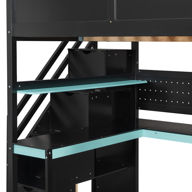 Lit mezzanine en bois compact avec rangement, design moderne noir et bleu