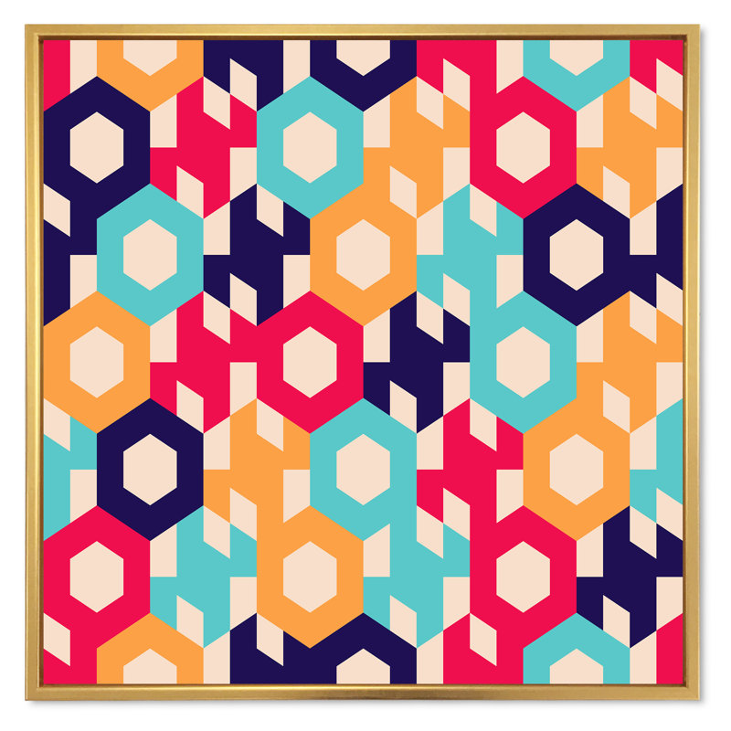 «Retro Geometrics In Blue Orange And Red», impression sur toile, H 36 po x l 36 po, Cadre flottant doré