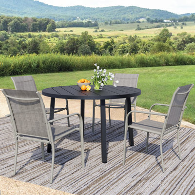 5-Piece Outdoor Dining Set, Round Metal Table With 4 Grey Chairs, Black Patio Table With Umbrella Hole For Garden, Yard, Patio