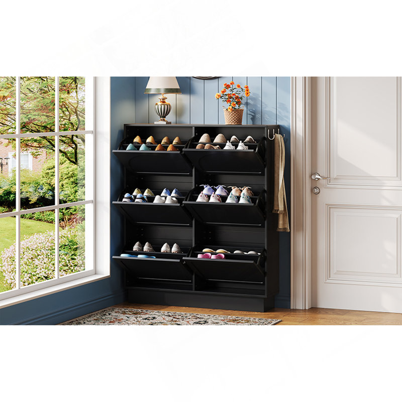 Modern Elegant Narrow Tipping Bucket Shoe Cabinet With 6 Flip Drawers, Space Saving Design, Cream Style Entryway Organizer With Adjustable Shelf, Free-Standing Shoe Rack With 3 Silvery Hooks, Black
