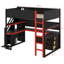 Lit mezzanine en bois avec escalier de rangement, bureau, tablettes et panneau perforé-627160530-627160531