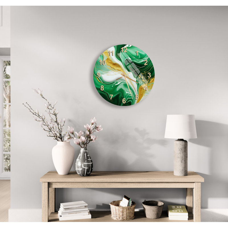 Horloge murale moderne en verre trempé à encre abstraite verte et dorée, chiffres anglais noirs, Doré