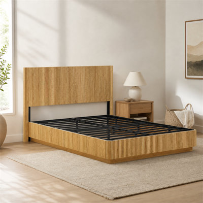 Modern Oak Queen Bed Frame with Wavy Curved Texture, Remote Control via App, LED Ambient Floating Bed