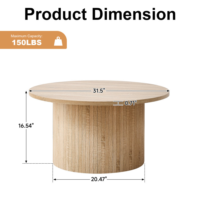 Table basse ronde moderne 31,5 po avec base en piédestal, finition grain de bois, naturel, Bois naturel / jaune